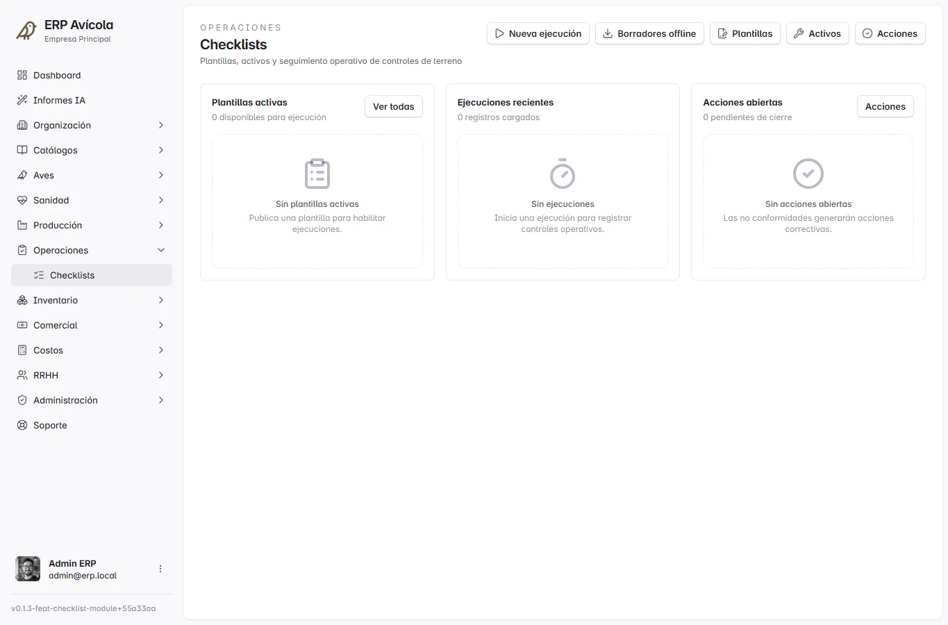 Dashboard operacional de Poultry con métricas de producción, aves, alimento y costos