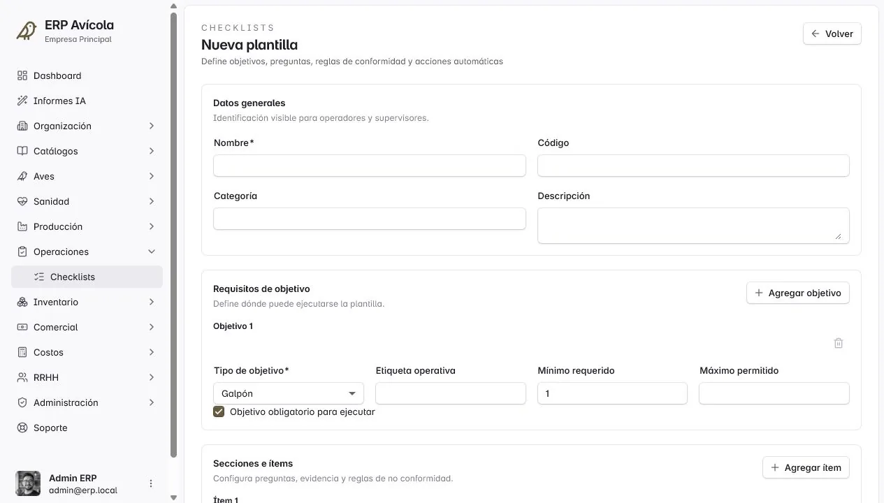 Editor de plantilla de checklist en Poultry